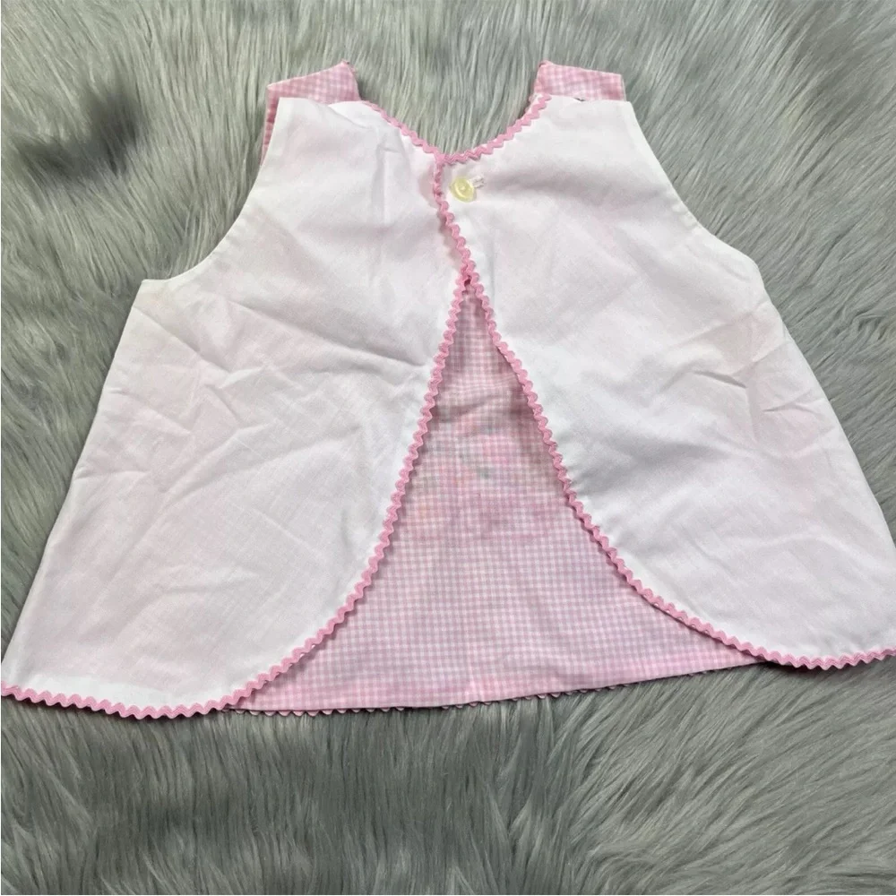Vintage Handmade Toddler Girls Pink White Apron Top Kitty Cat Embroidery